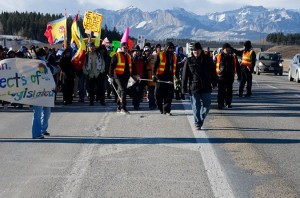 Protestors from Morley, Alberta, block the TransCanada Highway.