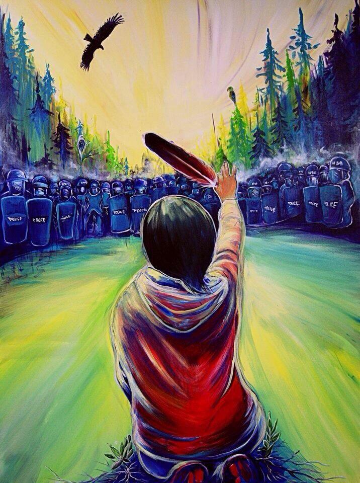 A beautiful reworking of an iconic image from Elsipogtog, by Mi'kmaq artist Jayce Augustine.