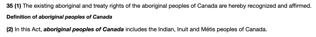 Screenshot of section 35 of the Canadian Constitution which says the existing aboriginal and treaty rights of the aboriginal peoples of Canada are hereby recognized and affirmed. In this Act, aboriginal peoples of Canada refers to Indian, Inuit, and Métis peoples of Canada.