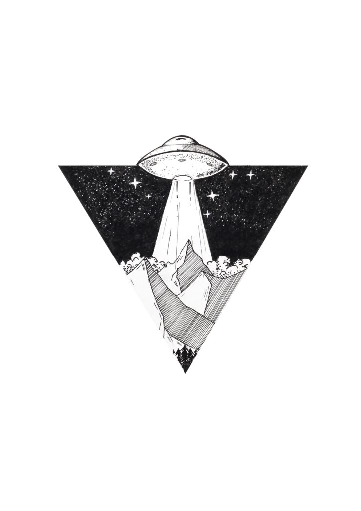 A black and white illustration of a UFO with a beam coming out of the bottom, aimed at a range of mountains.