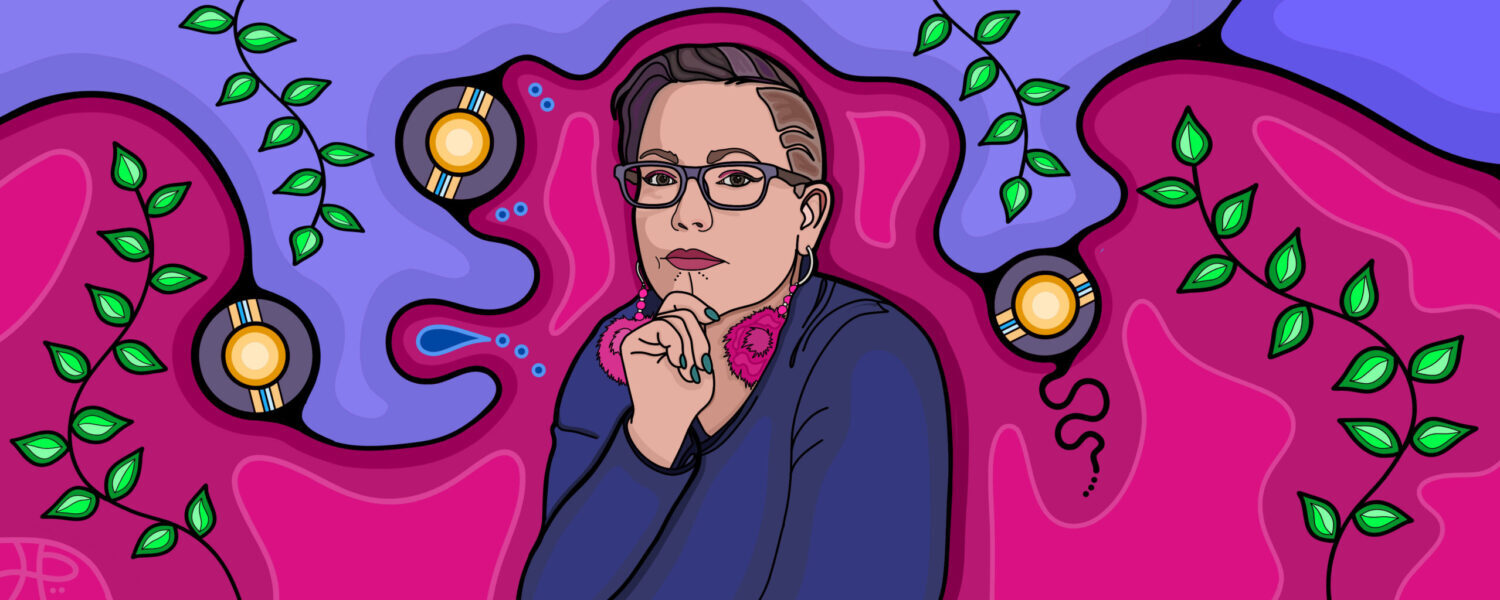 An illustrated image of the author looking thoughtful and authorly, against a background of fuchsia and purple in a woodlands style.