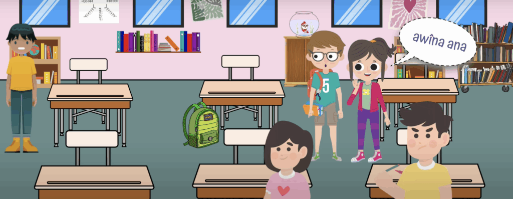 A still of the opening video for module two, the them of which is the first day at a new school. In this video, Miles (who we meet in module one) nervously walks into a classroom with new classmates: Susie, Charlie, Nancy, and Danny. Susie leans towards Charlie and asks in Cree, "who is that?"