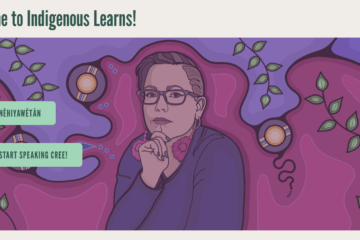 A screenshot of the front page of Indigenous Learns (you know, because I wrote Indigenous Writes, get it?). There is a beautiful illustrated picture of me done by Hawlii Pichette and a couple of bright buttons directing learners into the language learning course.