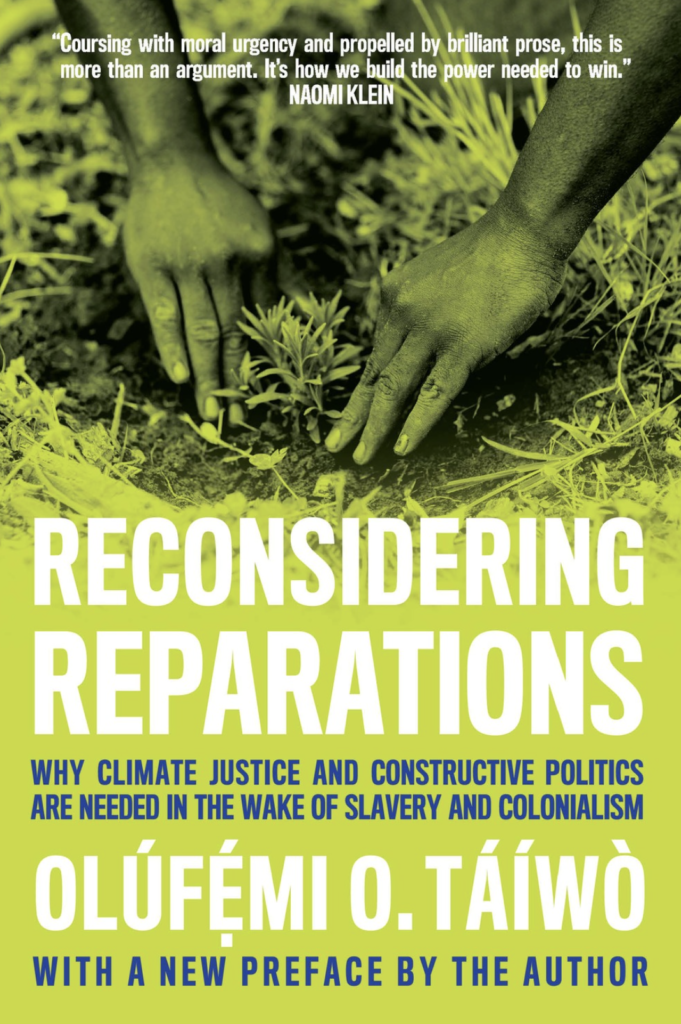 The cover of Reconsidering Reparations is in a lime green, with an image of brown-skinned hands planting something in the soil.